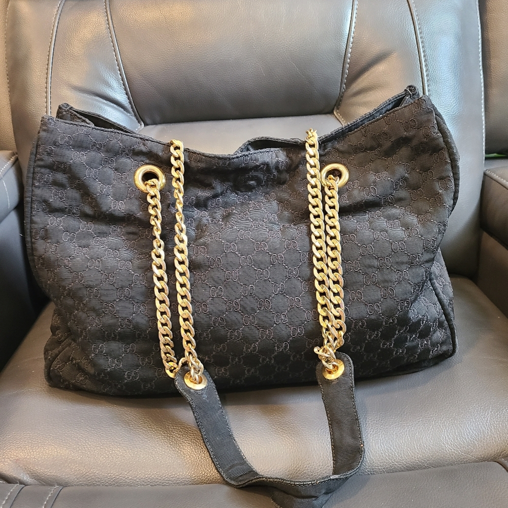 Gucci Black GG Canvas Tote with Gold Chain Straps